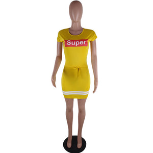 Letter Print Club Dress With Drawstring Waist #Yellow #Short Sleeve #O Neck SA-BLL282664-3 Sexy Clubwear and Club Dresses by Sexy Affordable Clothing