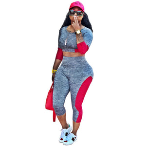 Casual Patchwork Grey Two-piece Pants Set #Two Piece #O Neck #Patchwork SA-BLL282762 Sexy Clubwear and Pant Sets by Sexy Affordable Clothing