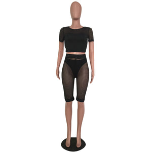 Perspective Mesh Three Piece Shorts #Short Sleeve #Mesh #Round Neck SA-BLL282675-2 Sexy Clubwear and Pant Sets by Sexy Affordable Clothing