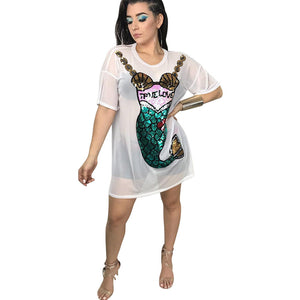Short Sleeve Round Neck Short Abstract Embroidery Dress #White #Short Sleeve #Mesh #Sequins #Round Neck SA-BLL695-2 Women's Clothes and Blouses & Tops by Sexy Affordable Clothing
