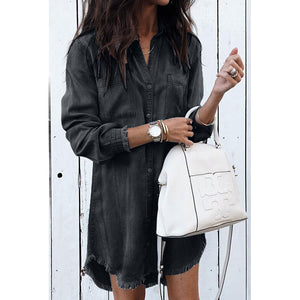 Chambray Stone Frayed Shirt Denim Shift Dress With Tassel #Long Sleeve #Turn-Down Neck SA-BLL2093-3 Fashion Dresses and Mini Dresses by Sexy Affordable Clothing