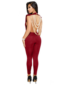 Seldana Red Pearl Chain Open Back Jumpsuit #Jumpsuit #Red SA-BLL55320-5 Women's Clothes and Jumpsuits & Rompers by Sexy Affordable Clothing