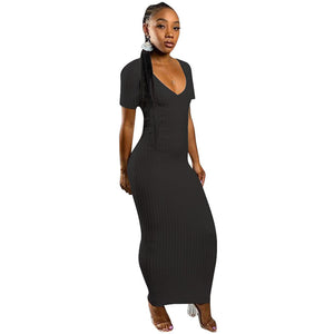 Casual V-Neck Short Sleeve Pencil Long Dresses #Black #Short Sleeve #V-Neck SA-BLL51294-2 Fashion Dresses and Maxi Dresses by Sexy Affordable Clothing