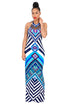 Blue Tribal Print Halter Backless Slit Sexy Bodycon Maxi Dress #Mini Dress #Blue