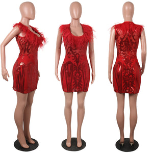 Women Sequins Feather Party Cocktail Dress #Red #Sequin SA-BLL27597-2 Fashion Dresses and Mini Dresses by Sexy Affordable Clothing