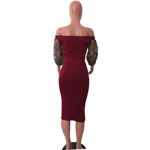 Off Shoulder Side Mesh Midi Party Dress With Flower Pop Sleeve #Red #Short Sleeve #Mesh #Slash Neck SA-BLL36218-2 Fashion Dresses and Midi Dress by Sexy Affordable Clothing