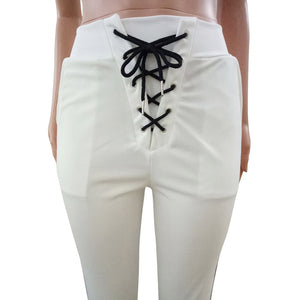 Contrast Color Lace-up Waist Casual Pants #White # SA-BLL668-2 Women's Clothes and Pants and Shorts by Sexy Affordable Clothing