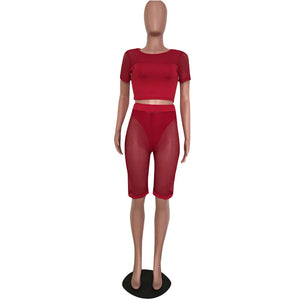 Perspective Mesh Three Piece Shorts #Short Sleeve #Mesh #Round Neck SA-BLL282675-1 Sexy Clubwear and Pant Sets by Sexy Affordable Clothing