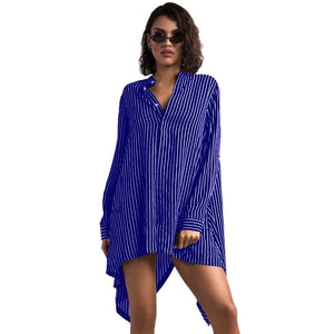 Lightweight Button Down Long Sleeve Striped Collarless Shirt Dress #Striped #Collarless #Irregular SA-BLL282562-2 Sexy Clubwear and Club Dresses by Sexy Affordable Clothing