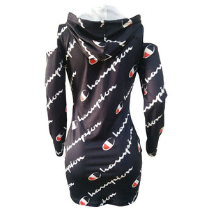 Women's Print Cold Shoulder Long Hoodies Club Dress #Black #Hooded SA-BLL27770-4 Fashion Dresses and Mini Dresses by Sexy Affordable Clothing