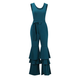 V Neck Sleeveless Falbala Design Green Jumpsuits #Jumpsuit #Green SA-BLL55365-1 Women's Clothes and Jumpsuits & Rompers by Sexy Affordable Clothing