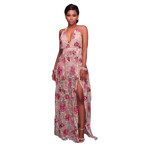 Fanika V Neck Nude Embroidered Romper Maxi Dress #Maxi Dress #Jumpsuits #Nude SA-BLL51423-1 Women's Clothes and Jumpsuits & Rompers by Sexy Affordable Clothing