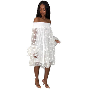 Wave Jacquard Pineapple Sleeve Loose Dress #White #Slash Neck SA-BLL282661 Fashion Dresses and Mini Dresses by Sexy Affordable Clothing