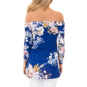 Sexy Off Shoulder Drape Floral 3/4 Sleeve Loose Casual Tops #Tops #Blue SA-BLL621-2 Women's Clothes and Blouses & Tops by Sexy Affordable Clothing