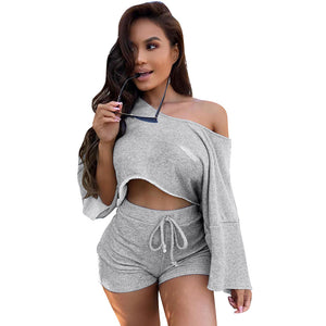 Casual Dew Shoulder Two-piece Shorts Set #Shorts #Long Sleeve #Bateau Neck #Plain SA-BLL282652-1 Sexy Clubwear and Pant Sets by Sexy Affordable Clothing