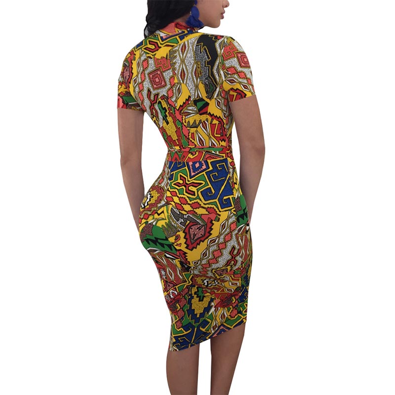 Yellow Colorful Zipper Band Collar Bodycon Clubwear Party Dress Zippe