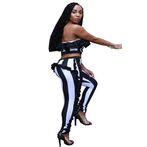 Nifty Bateau Neck Ruffle Design Striped Two-Piece Pants Set #Ruffles #Stripe #Two Piece #Strapless #Bateau Neck SA-BLL282450-1 Sexy Clubwear and Pant Sets by Sexy Affordable Clothing