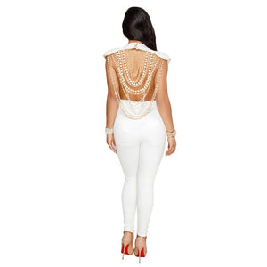 Seldana Off-White Pearl Chain Open Back Jumpsuit #Jumpsuit #White # SA-BLL55320-4 Women's Clothes and Jumpsuits & Rompers by Sexy Affordable Clothing