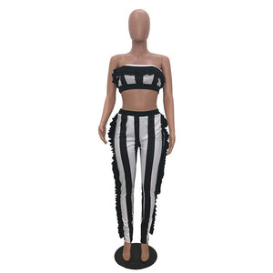 Nifty Bateau Neck Ruffle Design Striped Two-Piece Pants Set #Ruffles #Stripe #Two Piece #Strapless #Bateau Neck SA-BLL282450-1 Sexy Clubwear and Pant Sets by Sexy Affordable Clothing