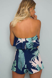 Blue Strapless Leaf Printed Ruffle Romper  SA-BLL55301 Women's Clothes and Jumpsuits & Rompers by Sexy Affordable Clothing