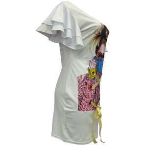 Kaira Ruffle Sleeve Graphic Mini Dress #White #Round Neck #Ruffle Sleeve SA-BLL282511-1 Fashion Dresses and Mini Dresses by Sexy Affordable Clothing