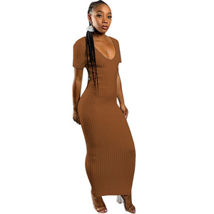 Casual V-Neck Short Sleeve Pencil Long Dresses #Brown #Short Sleeve #V-Neck SA-BLL51294-3 Fashion Dresses and Maxi Dresses by Sexy Affordable Clothing