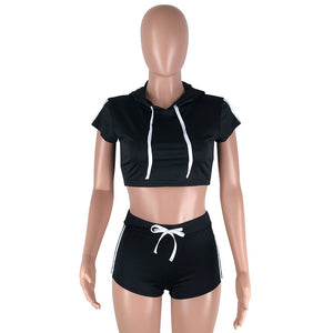 Play A Game Of Tennis Short Set - Black/White #Short Sleeve #Hooded #Striped #Crop Top SA-BLL2234-1 Sexy Clubwear and Pant Sets by Sexy Affordable Clothing