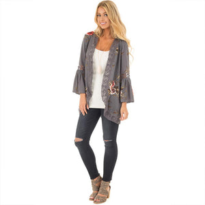 Floral Print Loose Puff Sleeve Kimono Cardigan Lace Patchwork Cover Up Blouse #Tops #Grey SA-BLL630-1 Women's Clothes and Blouses & Tops by Sexy Affordable Clothing