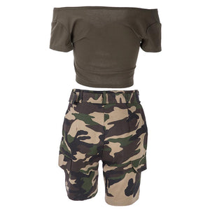 Camo Print High Waist Two Piece Shorts Set #Two Piece #Strapless SA-BLL28060 Sexy Clubwear and Pant Sets by Sexy Affordable Clothing
