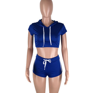 Play A Game Of Tennis Short Set - Royal/White #Short Sleeve #Hooded #Striped #Crop Top SA-BLL2234-2 Sexy Clubwear and Pant Sets by Sexy Affordable Clothing