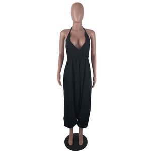 Halter Deep V-neck High Waisted Beachwear Long Jumpsuit #Black #V Neck #Halter #High Waisted SA-BLL55524-1 Women's Clothes and Jumpsuits & Rompers by Sexy Affordable Clothing