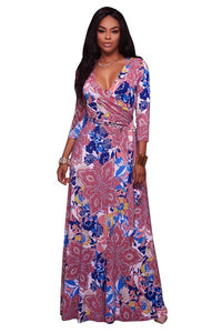 Pink Floral Print Belted Maxi Dress  SA-BLL51397-2 Fashion Dresses and Maxi Dresses by Sexy Affordable Clothing