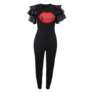 Printed Lips Leather Lotus Sleeve Jumpsuit Pants #Black SA-BLL55195 Women's Clothes and Jumpsuits & Rompers by Sexy Affordable Clothing