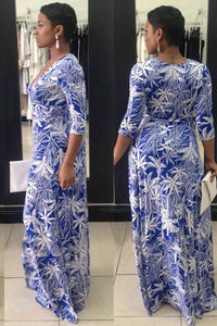 Blue Leave Pattern Deep V Neck Half Sleeve Maxi Dresses  SA-BLL51286 Fashion Dresses and Maxi Dresses by Sexy Affordable Clothing