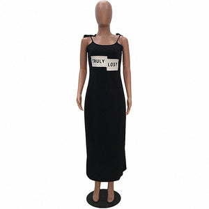 Round Neck Letter Printed Black Maxi Dress #Black #Printed #Round Neck #Straps SA-BLL51291 Fashion Dresses and Maxi Dresses by Sexy Affordable Clothing