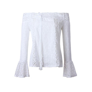 Solid Lace Floral Off Shoulder Blouse without Necklace #White # SA-BLL581-2 Women's Clothes and Blouses & Tops by Sexy Affordable Clothing