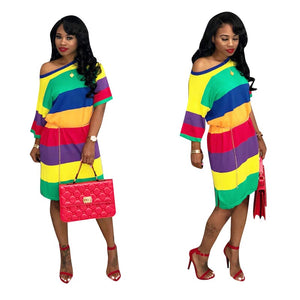 Rainbow Striped Short Sleeve Casual Dresses #Short Sleeve #Striped #Rainbow SA-BLL36228-1 Fashion Dresses and Midi Dress by Sexy Affordable Clothing