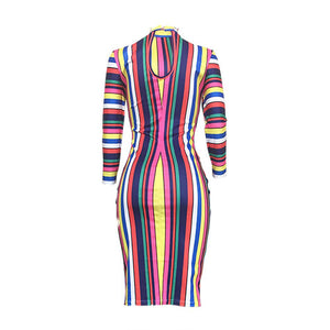 Colorful Striped Stand CollarMid Dress #Long Sleeve #Striped #Print SA-BLL36264 Fashion Dresses and Midi Dress by Sexy Affordable Clothing