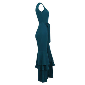 V Neck Sleeveless Falbala Design Green Jumpsuits #Jumpsuit #Green SA-BLL55365-1 Women's Clothes and Jumpsuits & Rompers by Sexy Affordable Clothing