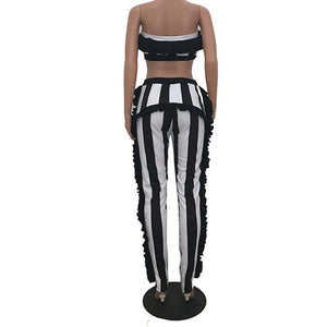 Nifty Bateau Neck Ruffle Design Striped Two-Piece Pants Set #Ruffles #Stripe #Two Piece #Strapless #Bateau Neck SA-BLL282450-1 Sexy Clubwear and Pant Sets by Sexy Affordable Clothing