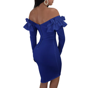 V Neck Ruffle Sleeve Cocktail Dress #Blue #V Neck #Long Sleeve #Ruffle SA-BLL36215-2 Fashion Dresses and Midi Dress by Sexy Affordable Clothing