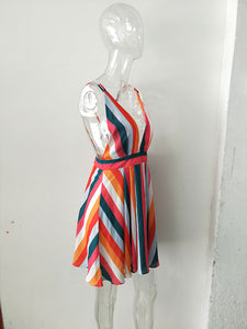 Rainbow Striped Spaghetti Strap Backless Mini Dress #Striped #Spaghetti Strap SA-BLL282724 Fashion Dresses and Mini Dresses by Sexy Affordable Clothing