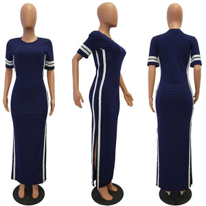 Side Split Plain Maxi Dresses With Contrast Bands #Blue #Short Sleeve #Round Neck #Side Split SA-BLL51306-3 Fashion Dresses and Maxi Dresses by Sexy Affordable Clothing