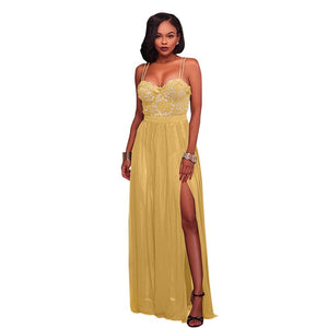 Anique Yellow Lace Top Padded Slit Maxi Dress #Maxi Dress #Yellow SA-BLL5026-2 Fashion Dresses and Maxi Dresses by Sexy Affordable Clothing
