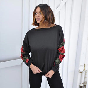 Round Neck Long Sleeve Regular Floral Sweatshirt #Black #Top #Sweatshirt SA-BLL643-2 Women's Clothes and Blouses & Tops by Sexy Affordable Clothing