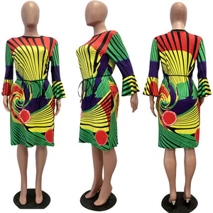 Trumpet Sleeve Boat Neck Geometric Print Dress #Print #Knee-Length SA-BLL36241 Fashion Dresses and Midi Dress by Sexy Affordable Clothing