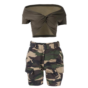 Camo Print High Waist Two Piece Shorts Set #Two Piece #Strapless SA-BLL28060 Sexy Clubwear and Pant Sets by Sexy Affordable Clothing
