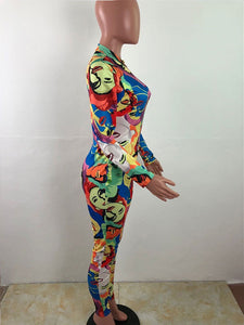 Character Print Deep V Bodysuit #Long Sleeve #Zipper SA-BLL55532 Women's Clothes and Jumpsuits & Rompers by Sexy Affordable Clothing