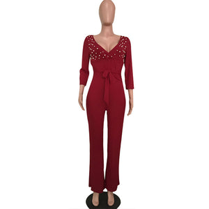 Deep-V Pearl Striped Cropped Sleeve Jumpsuit #V-Neck #Striped SA-BLL55618-3 Women's Clothes and Jumpsuits & Rompers by Sexy Affordable Clothing