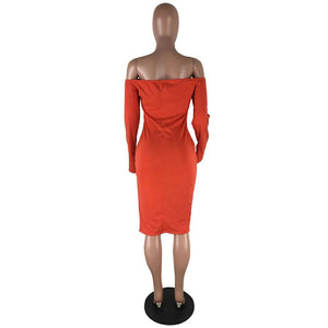 Orange Dew Shoulder Party Knee Length Dress #Long Sleeve #Off The Shoulder SA-BLL36262 Fashion Dresses and Midi Dress by Sexy Affordable Clothing